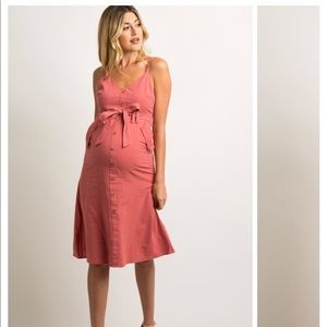 Button Front Sash Tie Maternity Midi Dress